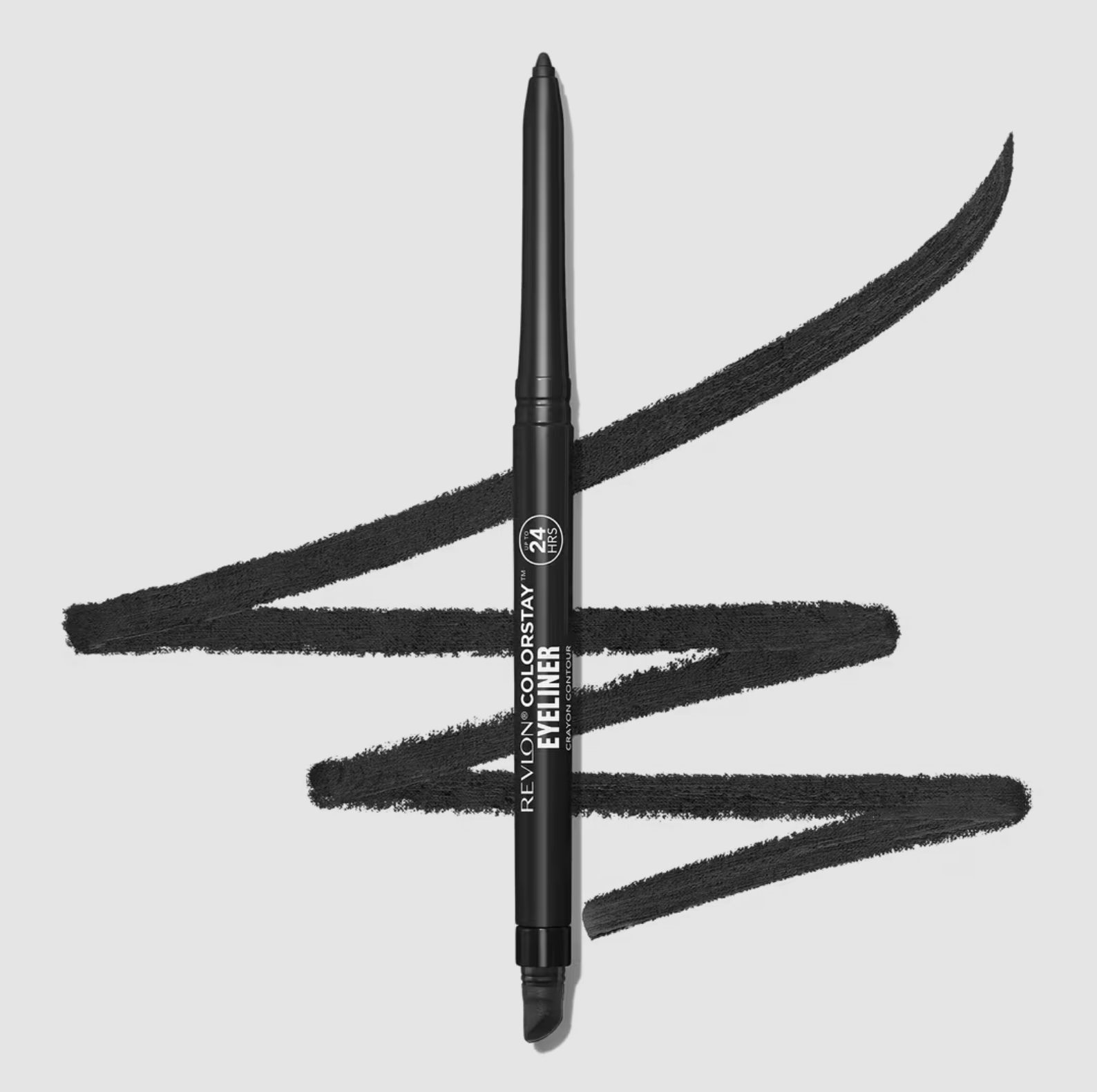 Revlon ColorStay Eyeliner in black, shown with its retractable pencil tip and smudger, displayed against a white background with bold eyeliner swatches